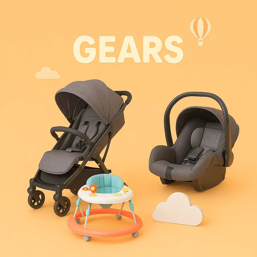 A set of baby gear including a stroller, car seat, and walker.