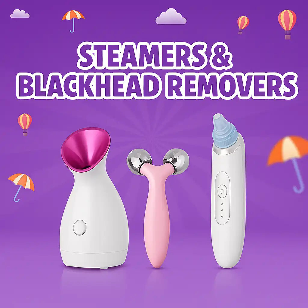 A set of beauty tools including a facial steamer, a face massager, and a blackhead remover.