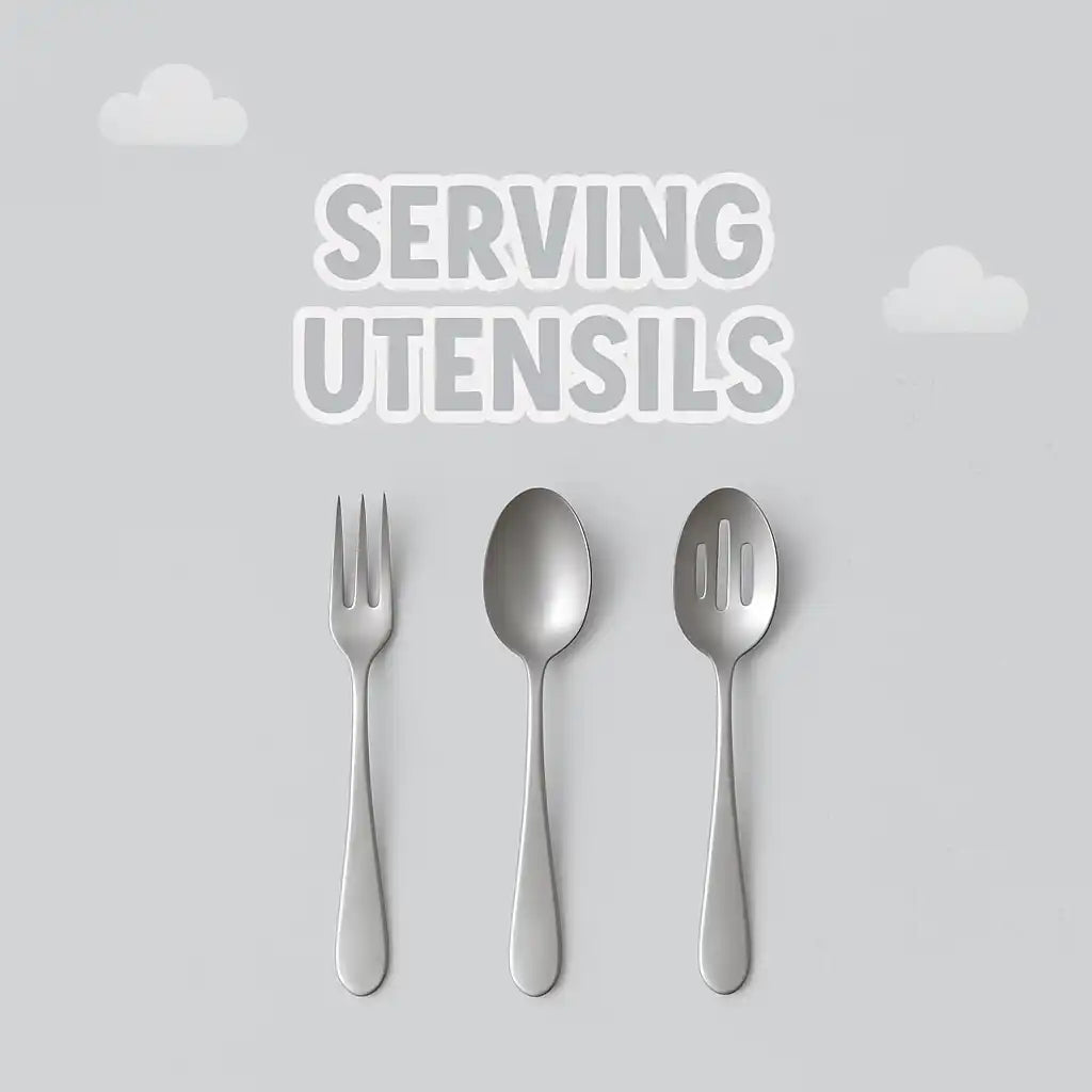 A set of three stainless steel serving utensils, including a fork, a solid spoon, and a slotted spoon.