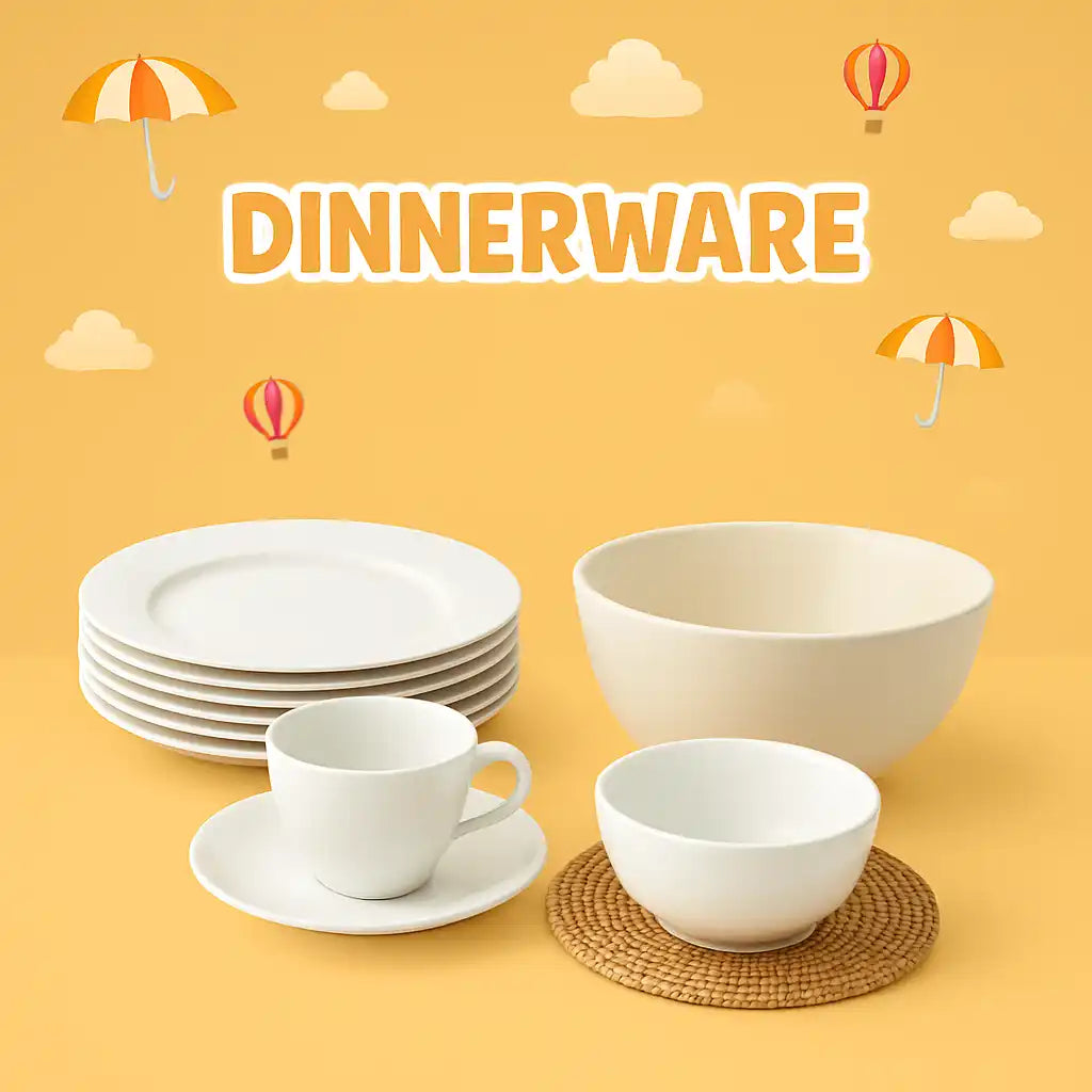 A set of white dinnerware including plates, a cup and saucer, and bowls.