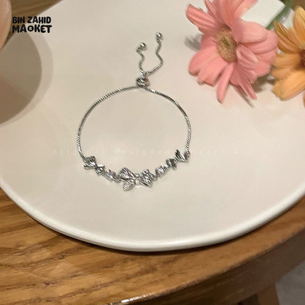 SHINY PINK CRYSTAL CHERRY BLOSSOM BRACELET MOON BOW FLOWERS ZIRCON GIRL JEWELRY