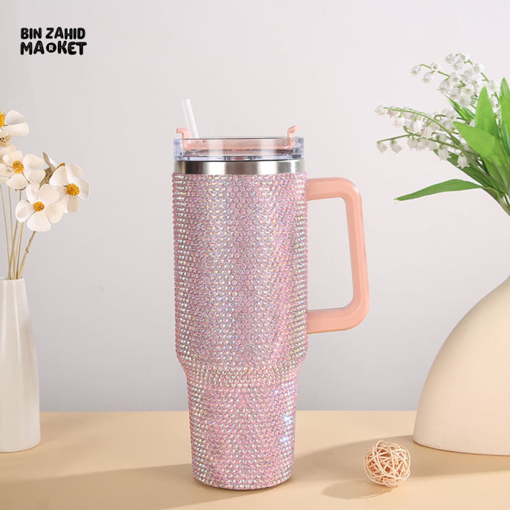 SHINY RHINESTONE 40OZ INSULATED TUMBLER – STAINLESS STEEL LEAK-RESISTANT WITH HANDLE - LIGHT PINK