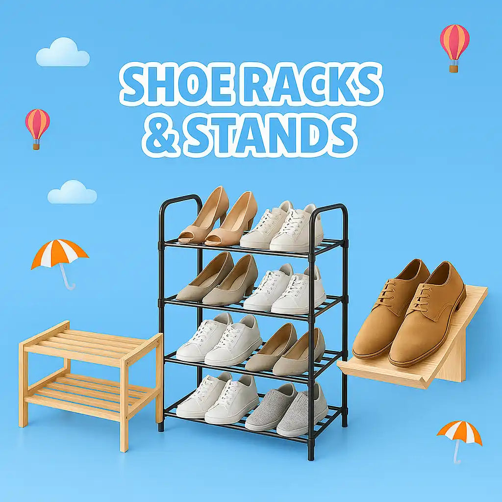 Various shoe racks and stands.
