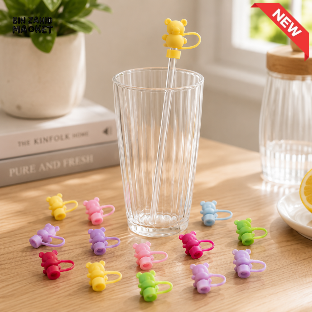 SILICONE CUTE BEAR-SHAPED STRAW STOPPER MULTIPLE COLOURS - 1 PIECE (WITHOUT STRAW)