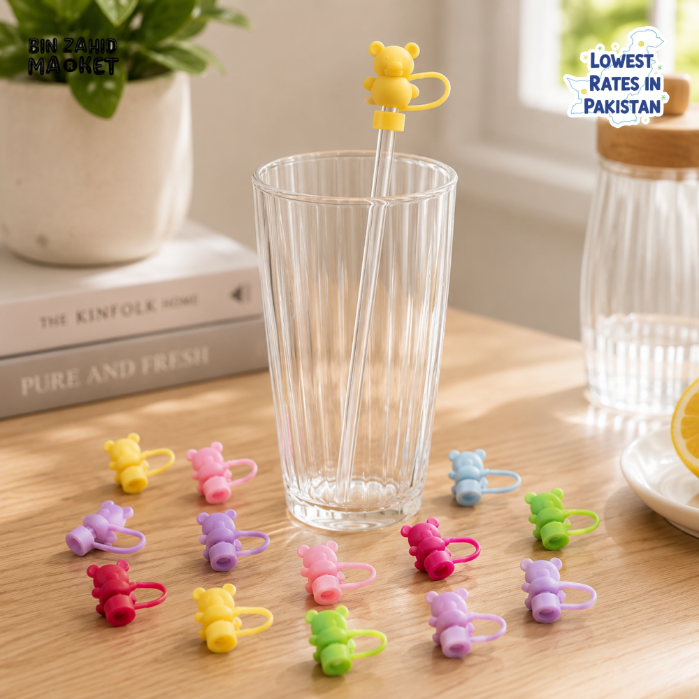 SILICONE CUTE BEAR-SHAPED STRAW STOPPER MULTIPLE COLOURS - 1 PIECE (WITHOUT STRAW)