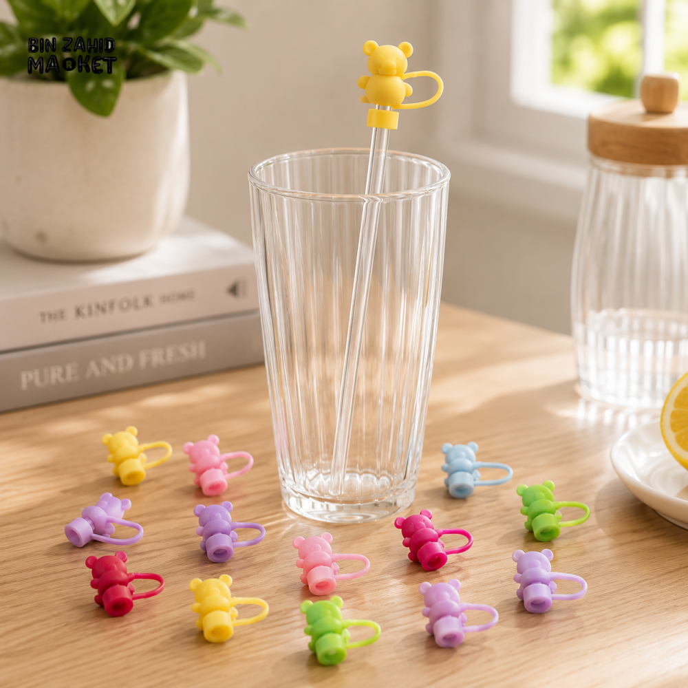 SILICONE CUTE BEAR-SHAPED STRAW STOPPER MULTIPLE COLOURS - 1 PIECE (WITHOUT STRAW)