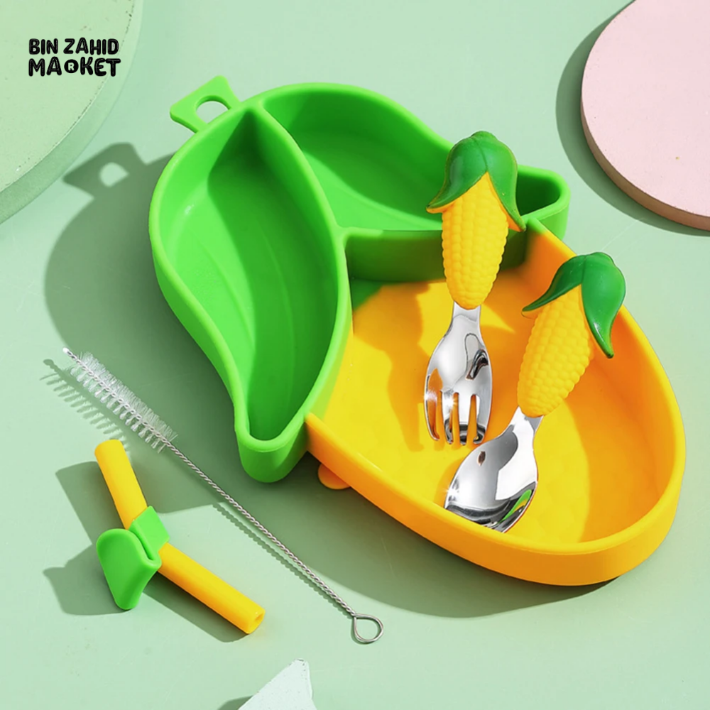 SILICONE SUCTION DIVIDED PLATE SET WITH FORK & SPOON BPA-FREE BABY WEANING & FEEDING TOOL - CORN