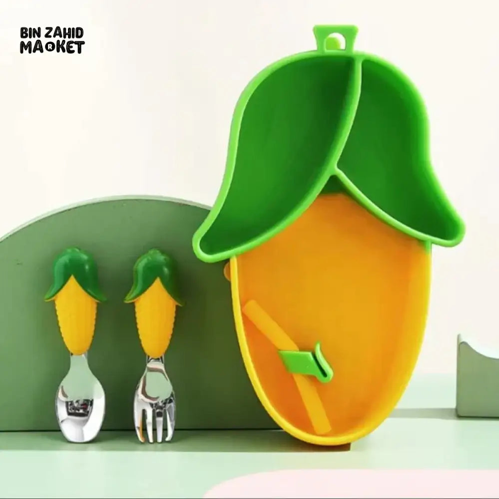 SILICONE SUCTION DIVIDED PLATE SET WITH FORK & SPOON BPA-FREE BABY WEANING & FEEDING TOOL - CORN