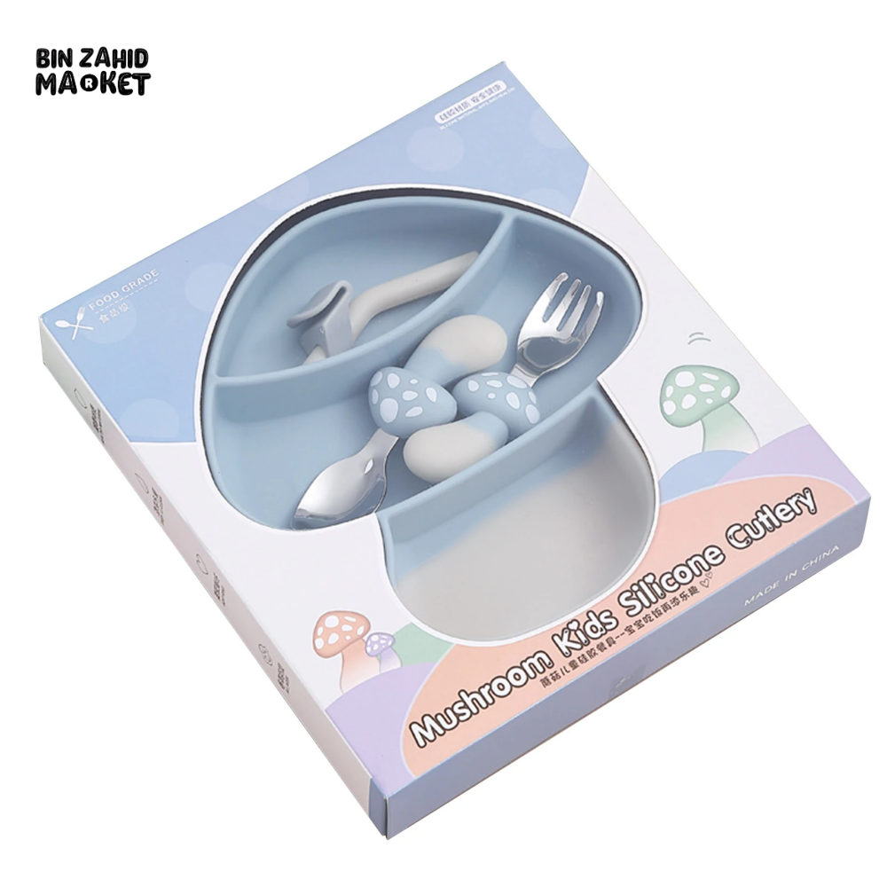 SILICONE SUCTION DIVIDED PLATE SET WITH FORK & SPOON BPA-FREE BABY WEANING & FEEDING TOOL - MUSHROOM