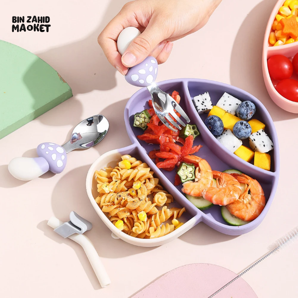 SILICONE SUCTION DIVIDED PLATE SET WITH FORK & SPOON BPA-FREE BABY WEANING & FEEDING TOOL - MUSHROOM