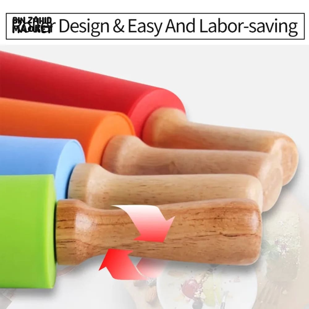 SILICONE WOODEN HANDLE ROLLING PIN
