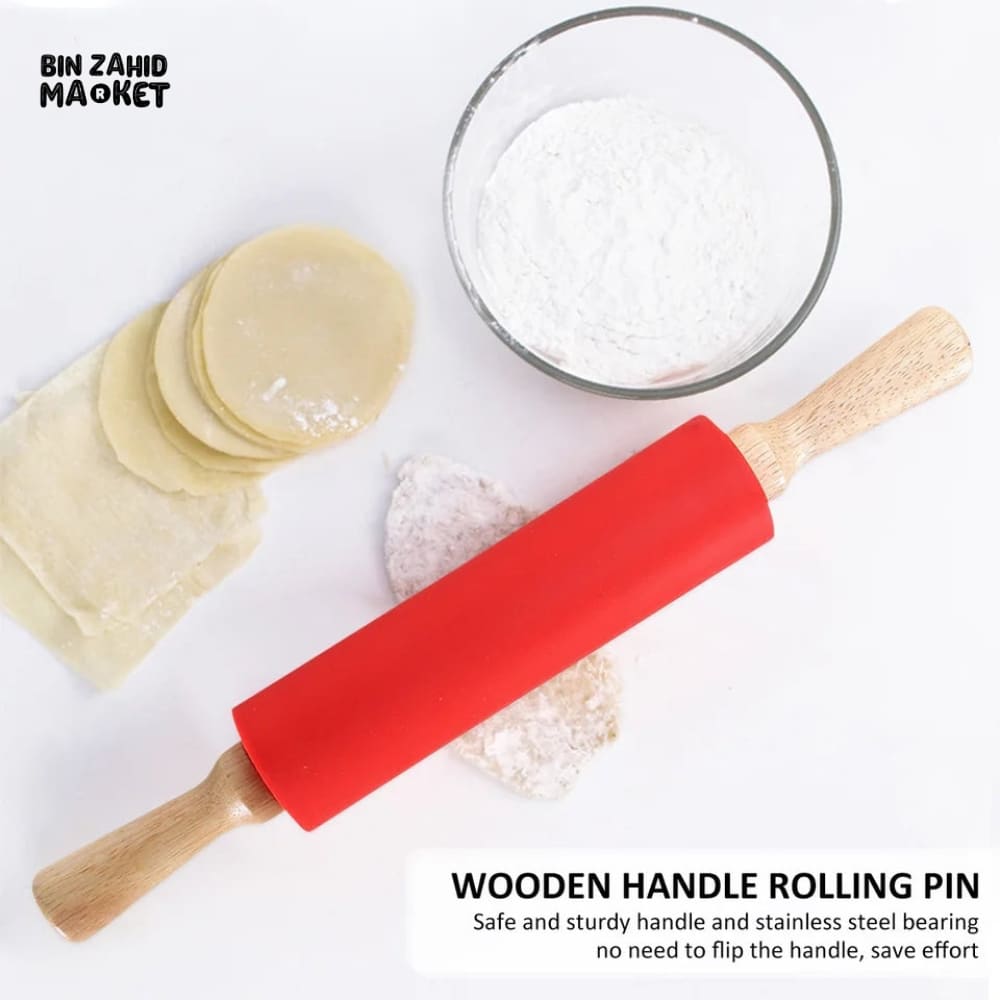 SILICONE WOODEN HANDLE ROLLING PIN