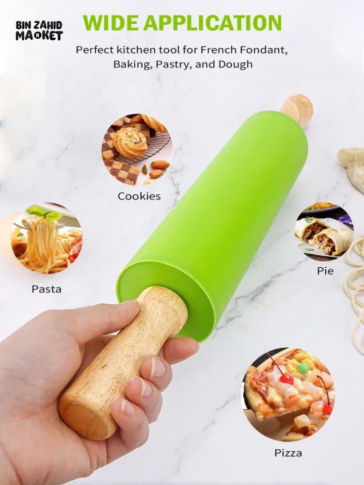 SILICONE WOODEN HANDLE ROLLING PIN