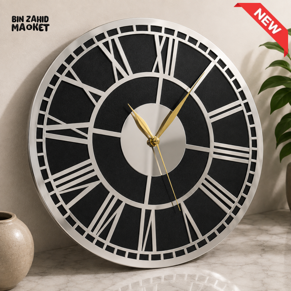 SILVER AND BLACK ROMAN NUMERAL LUXURY WALL CLOCK
