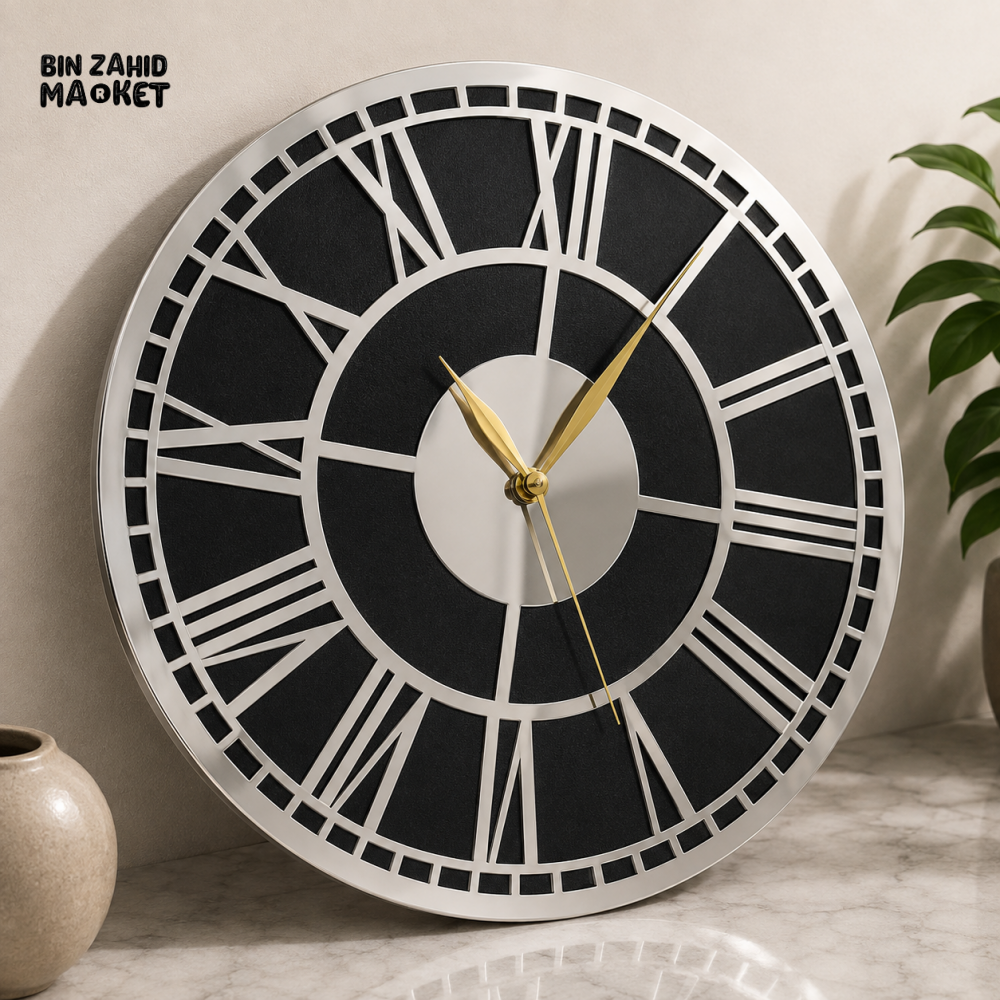 SILVER AND BLACK ROMAN NUMERAL LUXURY WALL CLOCK