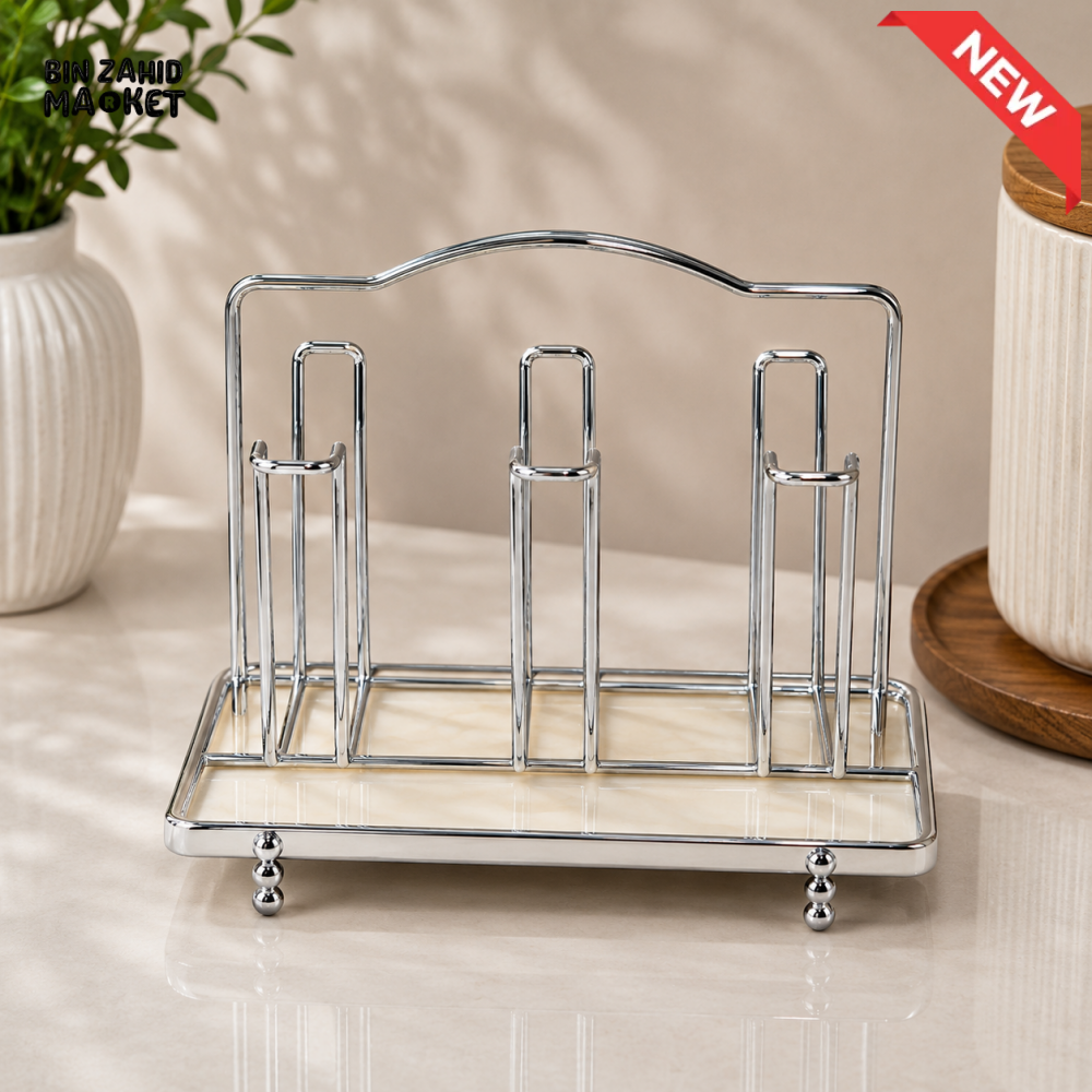 SILVER METAL CUP AND SAUCER HOLDER STAND WITH RECTANGULAR BASE
