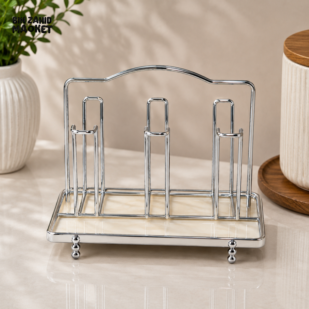 SILVER METAL CUP AND SAUCER HOLDER STAND WITH RECTANGULAR BASE
