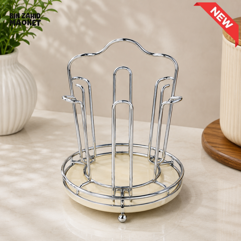 SILVER METAL CUP AND SAUCER HOLDER STAND WITH ROUND BASE
