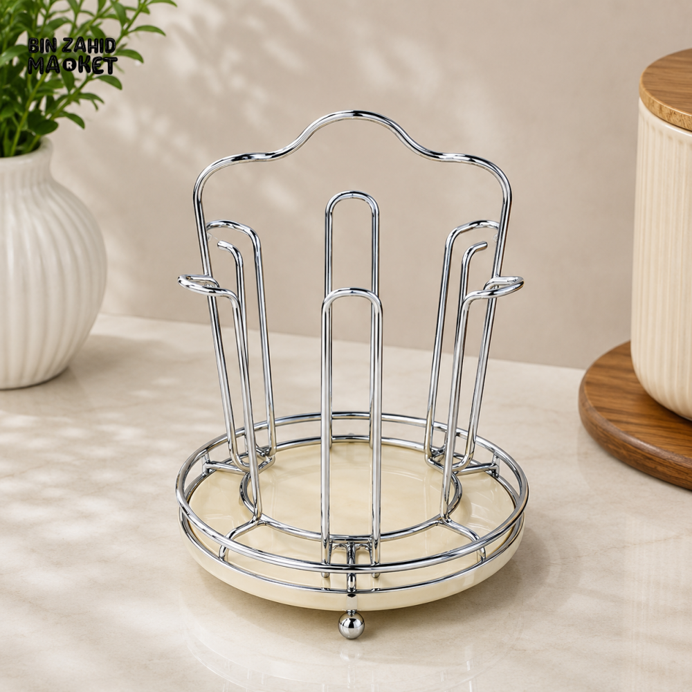 SILVER METAL CUP AND SAUCER HOLDER STAND WITH ROUND BASE