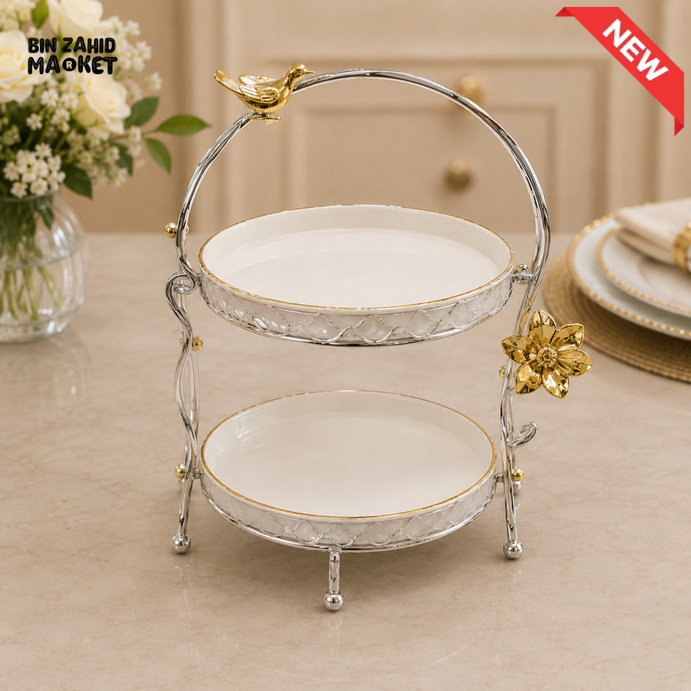 SILVERLUXA 2-TIER SERVING STAND WITH METAL FRAME