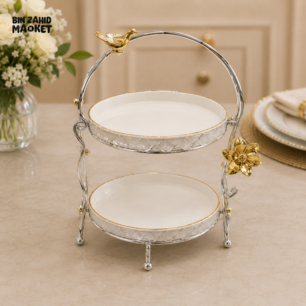 SILVERLUXA 2-TIER SERVING STAND WITH METAL FRAME