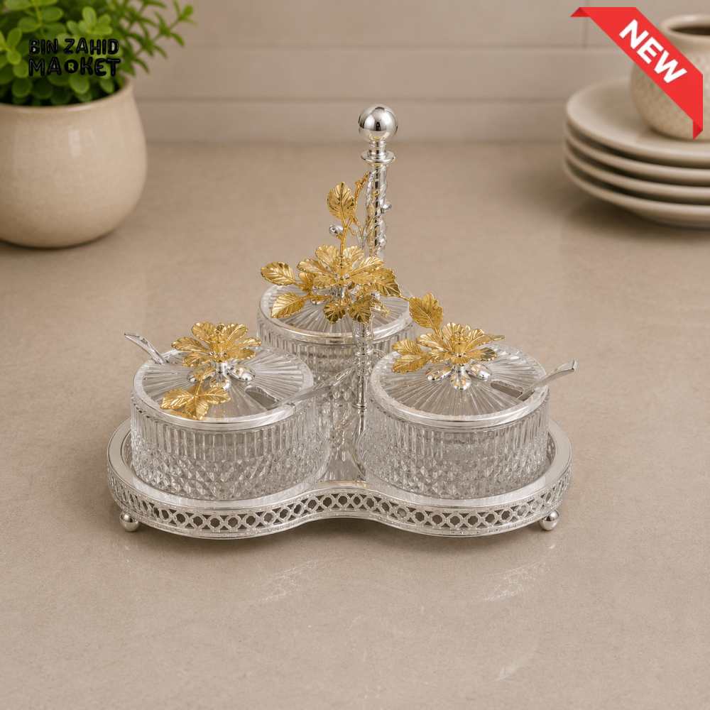 SILVERLUXA 3-PIECE GLASS CONDIMENT SET WITH STAND