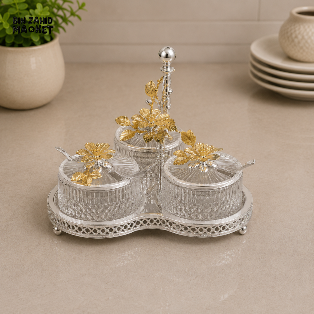 SILVERLUXA 3-PIECE GLASS CONDIMENT SET WITH STAND
