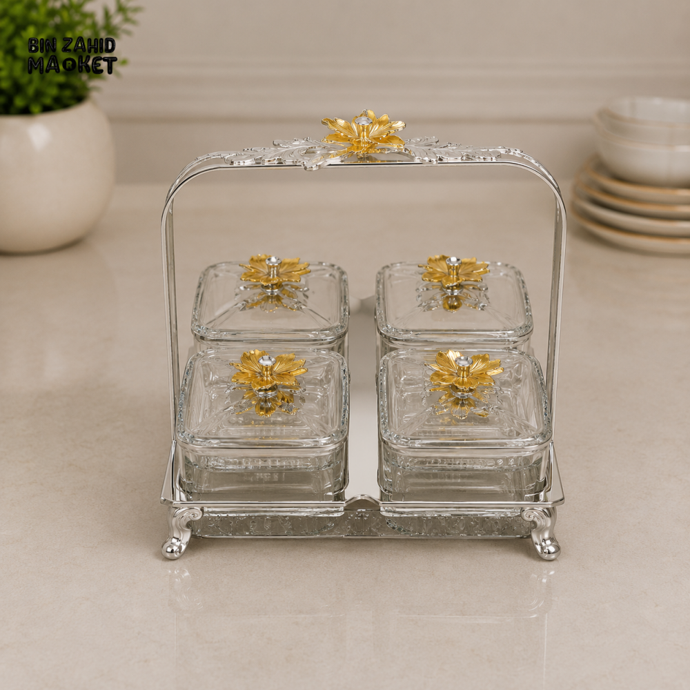 SILVERLUXA 4-PIECE GLASS CONDIMENT SET WITH STAND