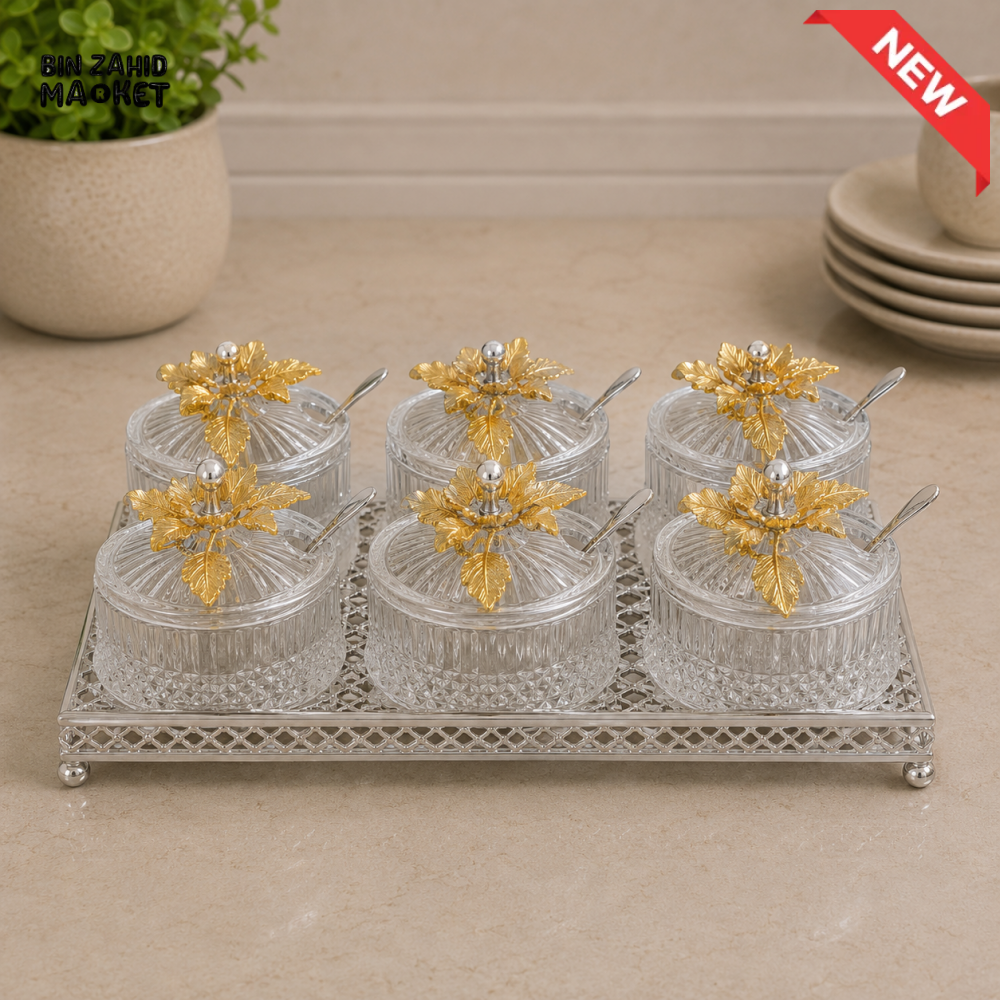 SILVERLUXA 6-PIECE GLASS CONDIMENT SET WITH SERVING TRAY
