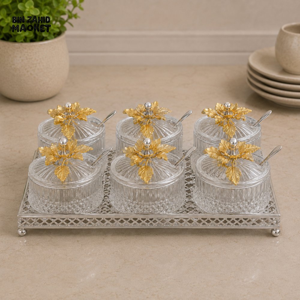 SILVERLUXA 6-PIECE GLASS CONDIMENT SET WITH SERVING TRAY