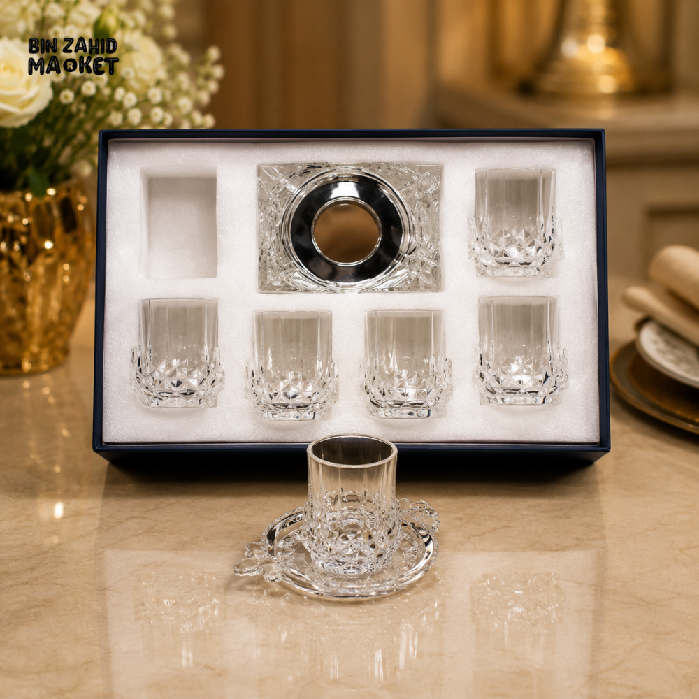 SILVERLUXA 6-PIECE TEA GLASS SET WITH SAUCERS