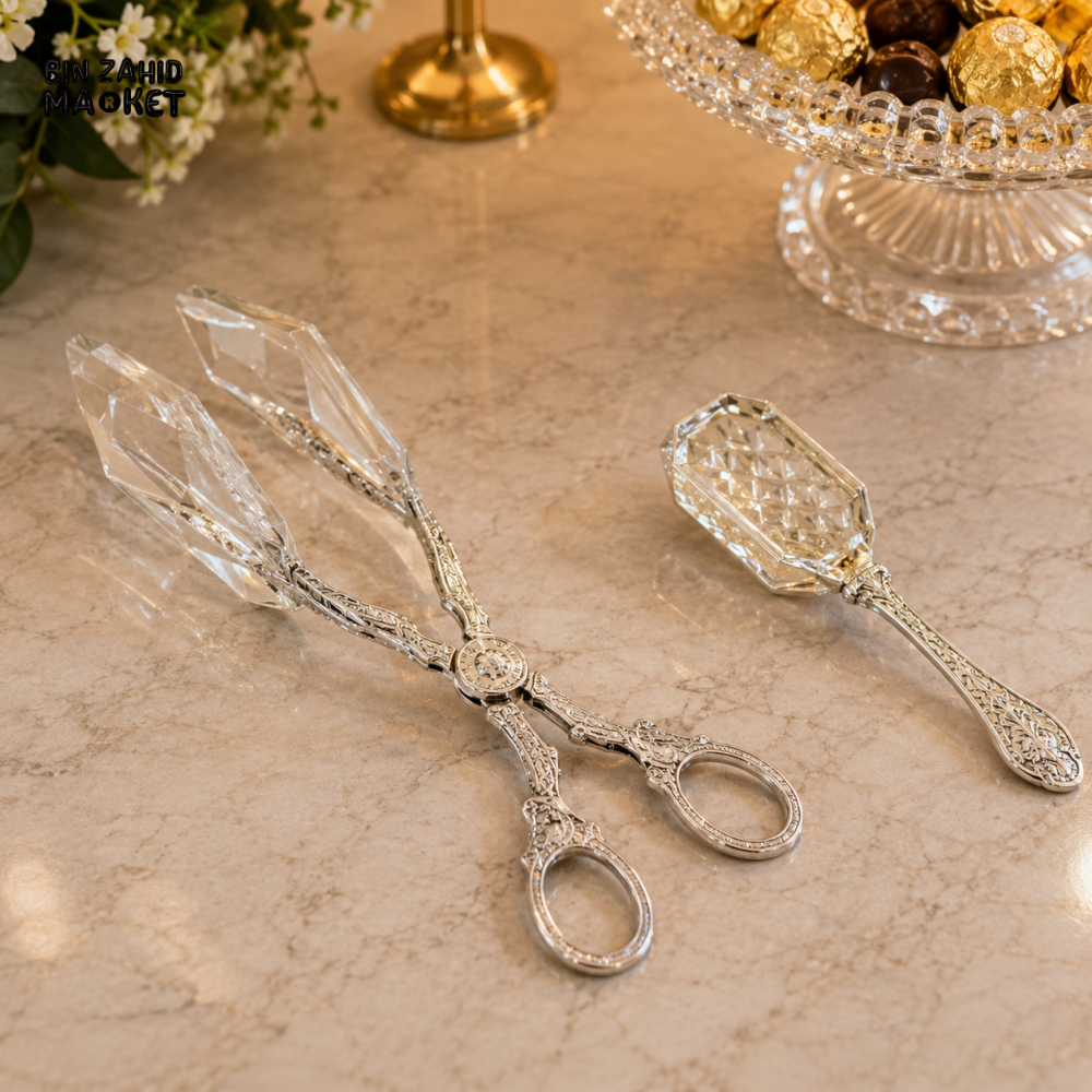 SILVERLUXA CRYSTAL SERVING TONG & SCOOP SET