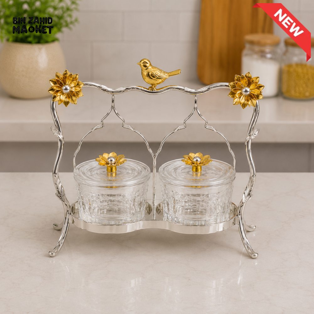 SILVERLUXA GLASS CONDIMENT SET WITH DECORATIVE STAND