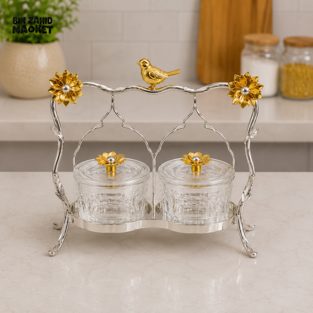 SILVERLUXA GLASS CONDIMENT SET WITH DECORATIVE STAND