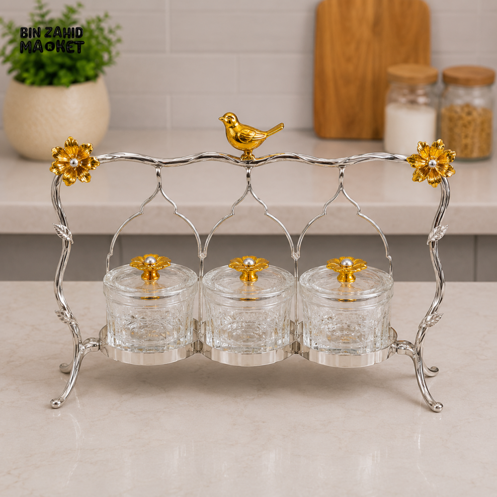 SILVERLUXA GLASS CONDIMENT SET WITH DECORATIVE STAND