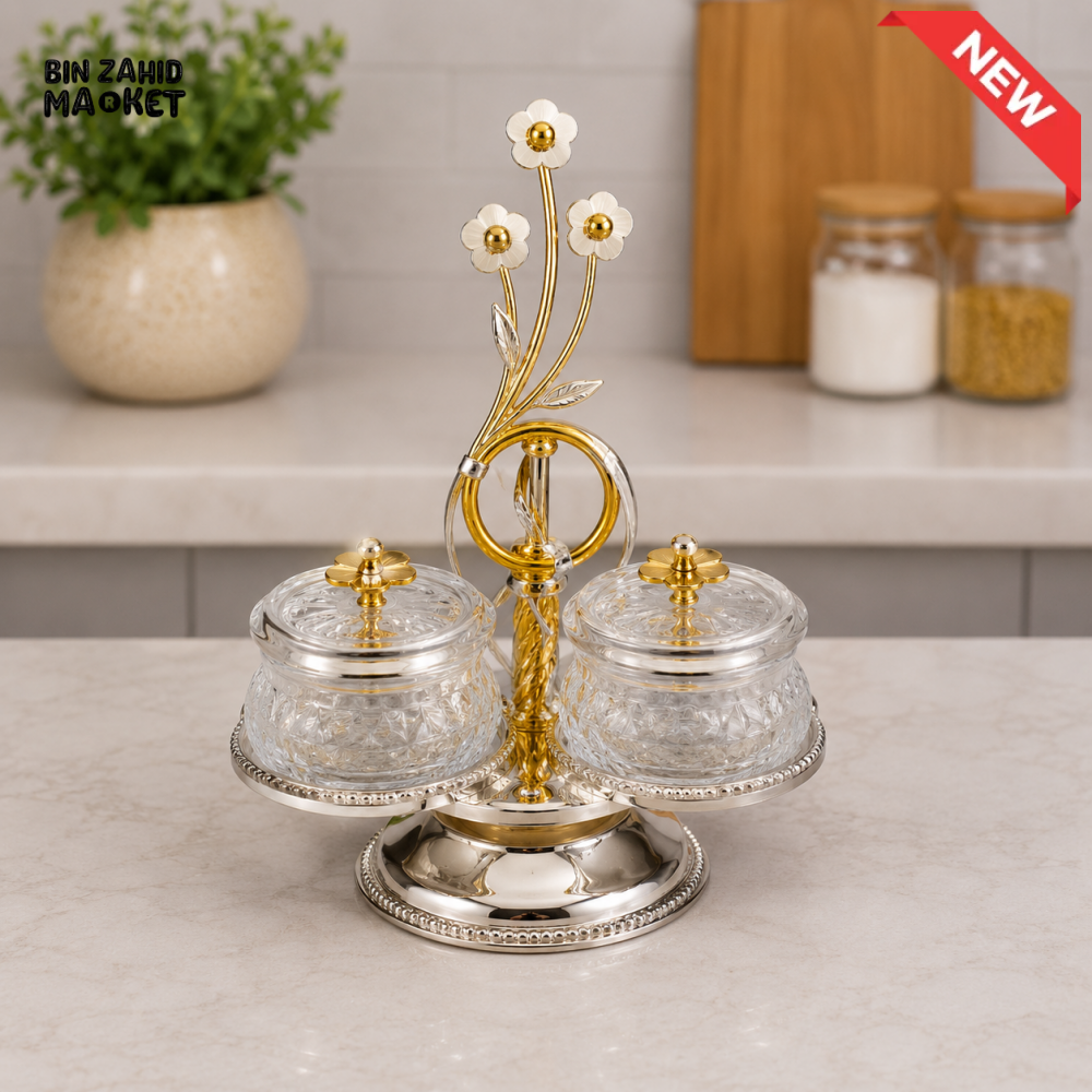 SILVERLUXA GLASS CONDIMENT SET WITH STAND