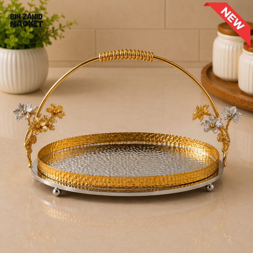 SILVERLUXA ROUND SERVING TRAY WITH HANDLE - MEDIUM