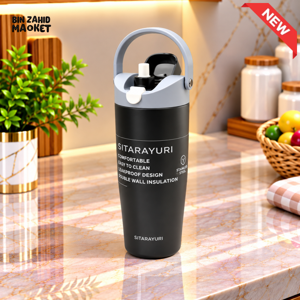 SITARAYURI BLACK INSULATED TUMBLER WITH CARRY HANDLE AND FLIP LID - 900ML - Tumblers