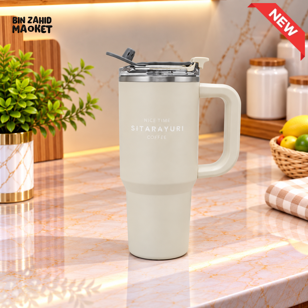 SITARAYURI CREAM INSULATED TUMBLER WITH HANDLE AND SIP LID - 900ML - Tumblers