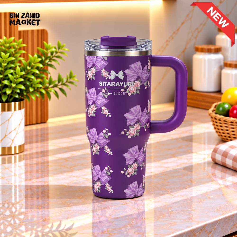 SITARAYURI DARK PURPLE FLORAL INSULATED TUMBLER WITH HANDLE AND SIP LID - 900ML - Tumblers