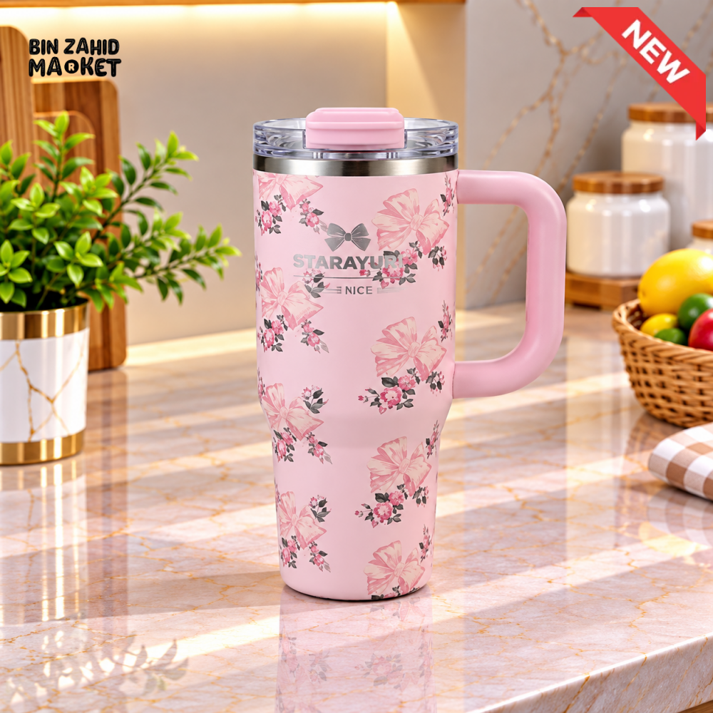 SITARAYURI PINK FLORAL INSULATED TUMBLER WITH HANDLE AND SIP LID - 900ML - Tumblers