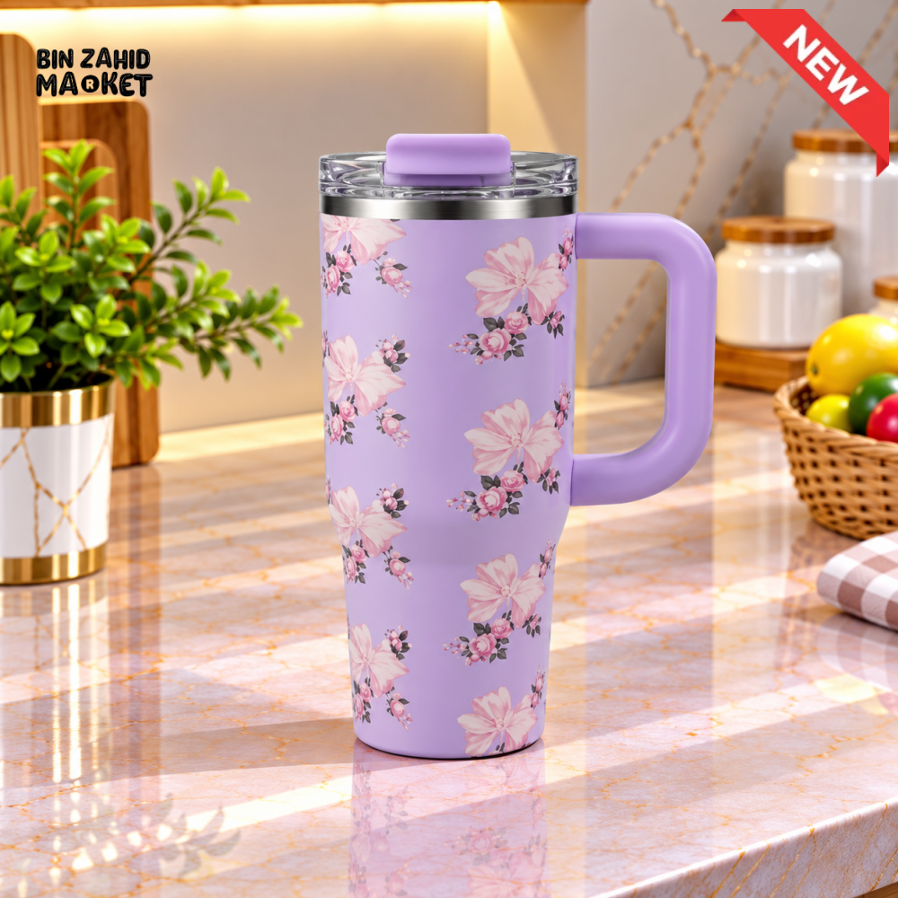 SITARAYURI PURPLE FLORAL INSULATED TUMBLER WITH HANDLE AND SIP LID - 900ML - Tumblers