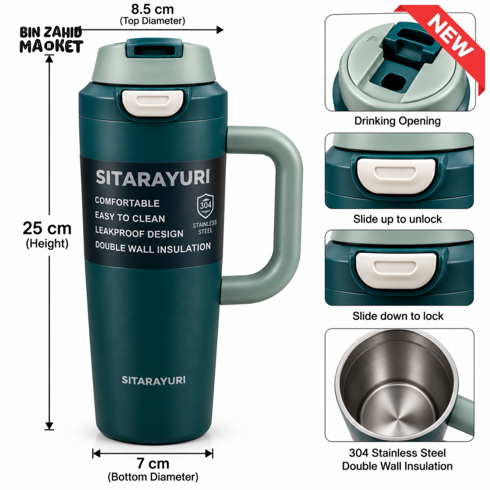 SITARAYURI TEAL GREEN INSULATED TUMBLER WITH HANDLE AND FLIP LID - 1.2 LITRE - Tumblers