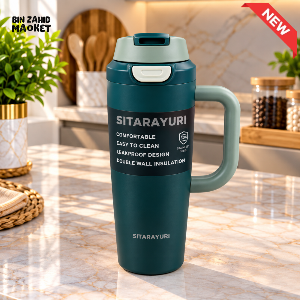 SITARAYURI TEAL GREEN INSULATED TUMBLER WITH HANDLE AND FLIP LID - 1.2 LITRE - Tumblers