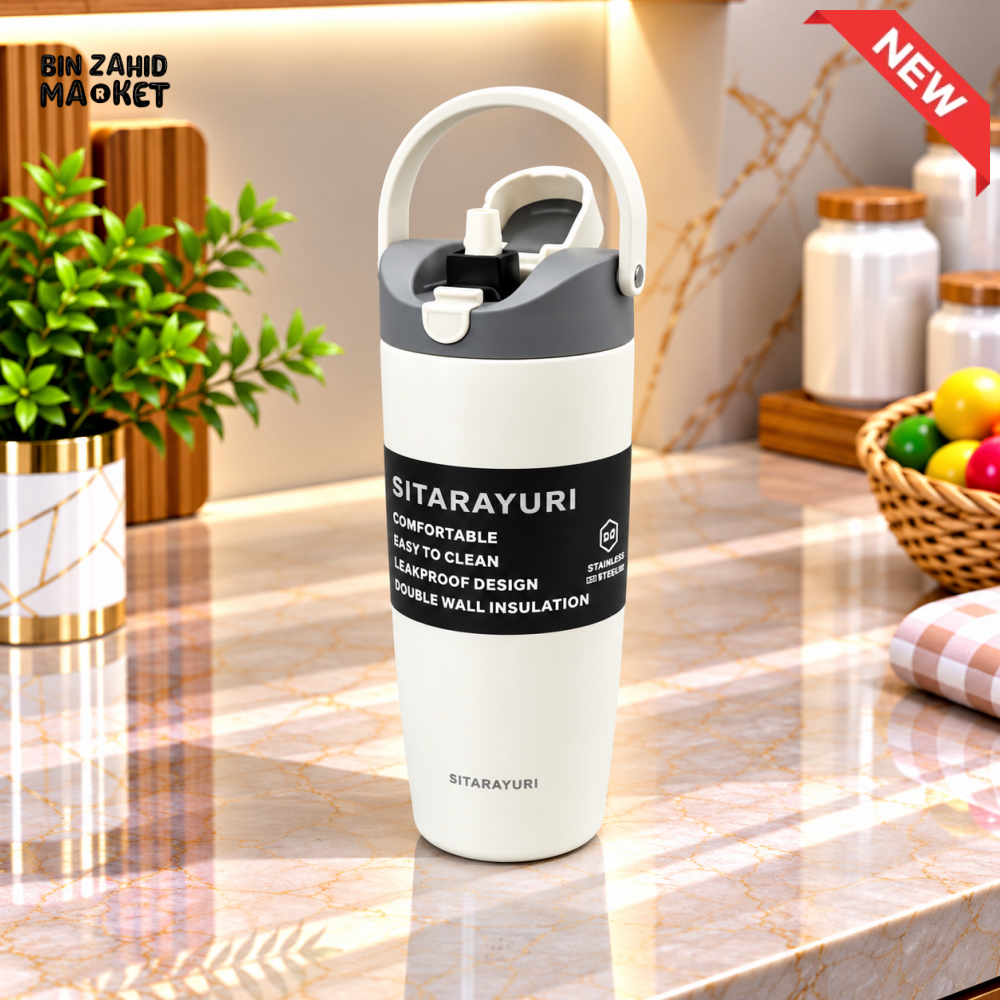 SITARAYURI WHITE AND BLACK INSULATED TUMBLER WITH CARRY HANDLE AND FLIP LID - 900ML - Tumblers