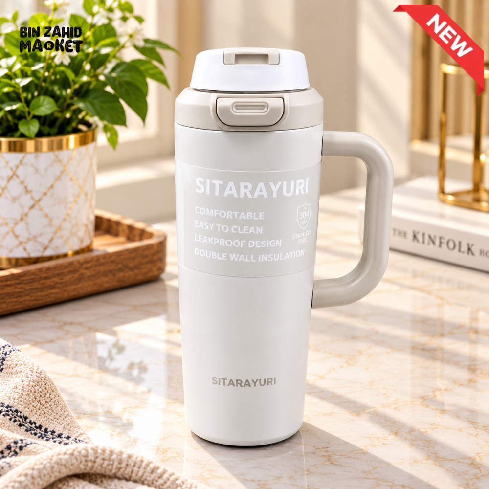 SITARAYURI WHITE & CREAM INSULATED TUMBLER WITH HANDLE AND FLIP LID - 1.2 LITRE - Tumblers