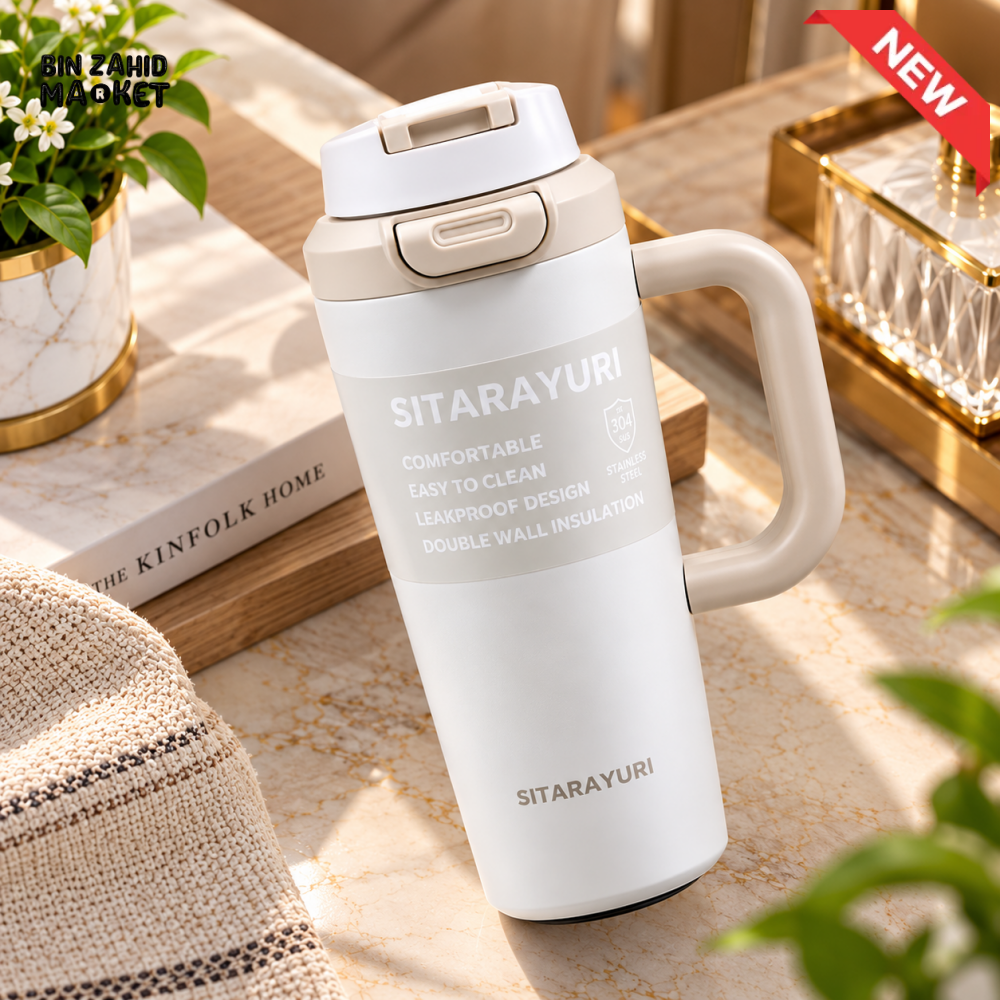 SITARAYURI WHITE & CREAM INSULATED TUMBLER WITH HANDLE AND FLIP LID - 1.2 LITRE - Tumblers