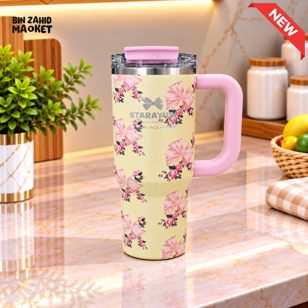 SITARAYURI YELLOW FLORAL INSULATED TUMBLER WITH PINK HANDLE AND SIP LID - 900ML - Tumblers