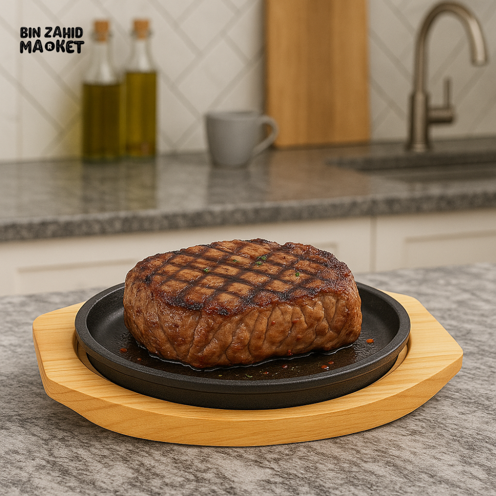 SIZZLER CORNER LINE 20CM PREMIUM CAST IRON STEAK PLATE WITH WOODEN BASE