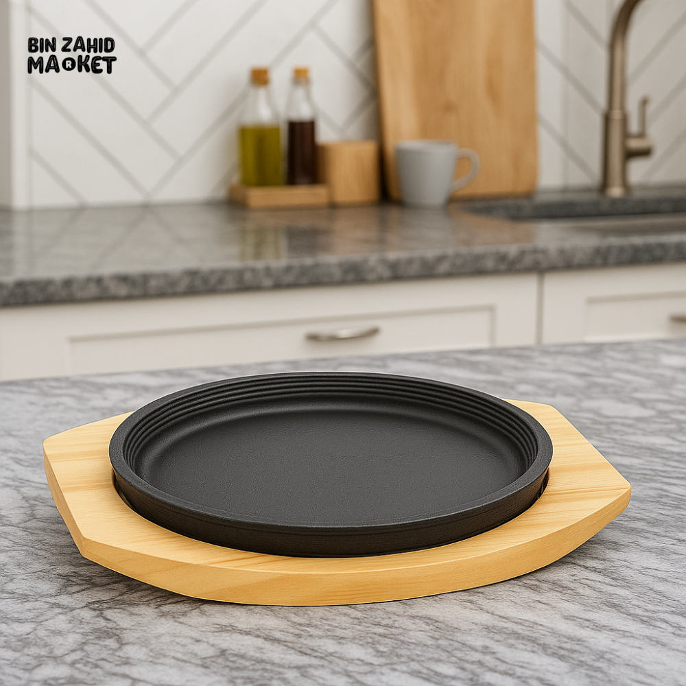 SIZZLER CORNER LINE 20CM PREMIUM CAST IRON STEAK PLATE WITH WOODEN BASE